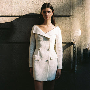 Off-shoulder White Double Breasted Blazer Dress​- Chiccharm