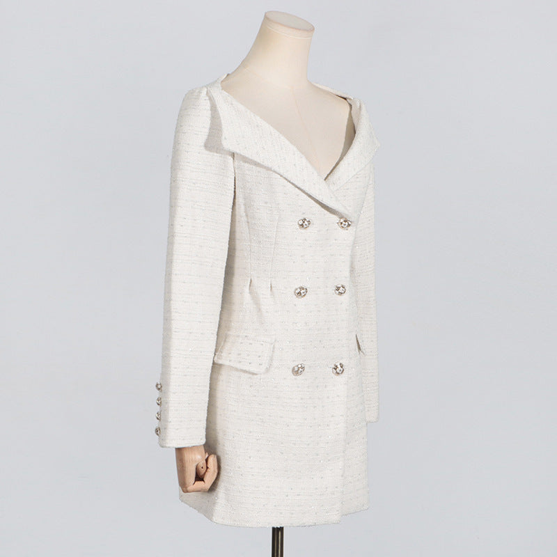 Off-shoulder White Double Breasted Blazer Dress​- Chiccharm - Chiccharm