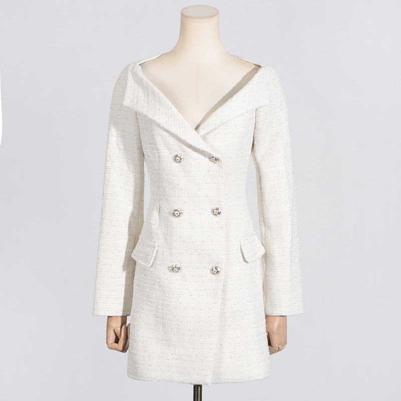 Off-shoulder White Double Breasted Blazer Dress​- Chiccharm - Chiccharm