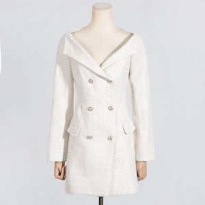 Off-shoulder White Double Breasted Blazer Dress​- Chiccharm - Chiccharm