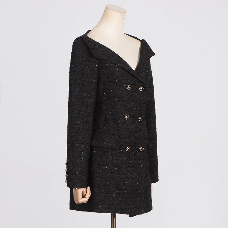 Off-shoulder Black Double Breasted Blazer Dress​- Chiccharm - Chiccharm