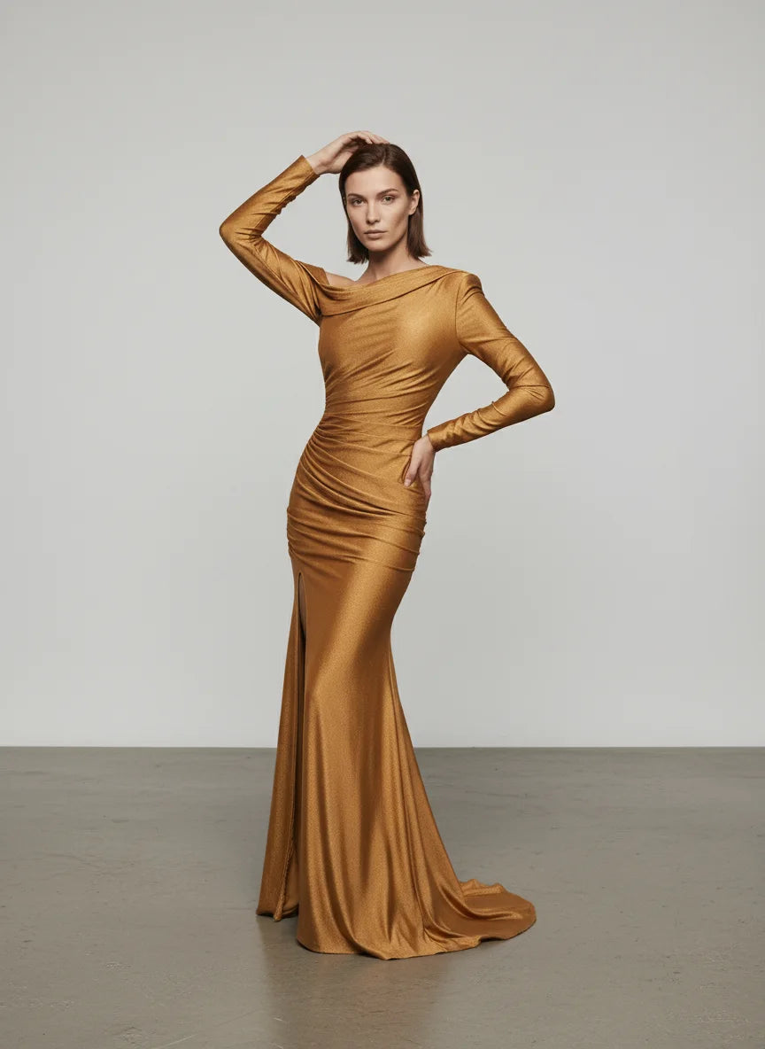 One-Shoulder Draped Slit Velvety Gown - Chiccharm Boutique
