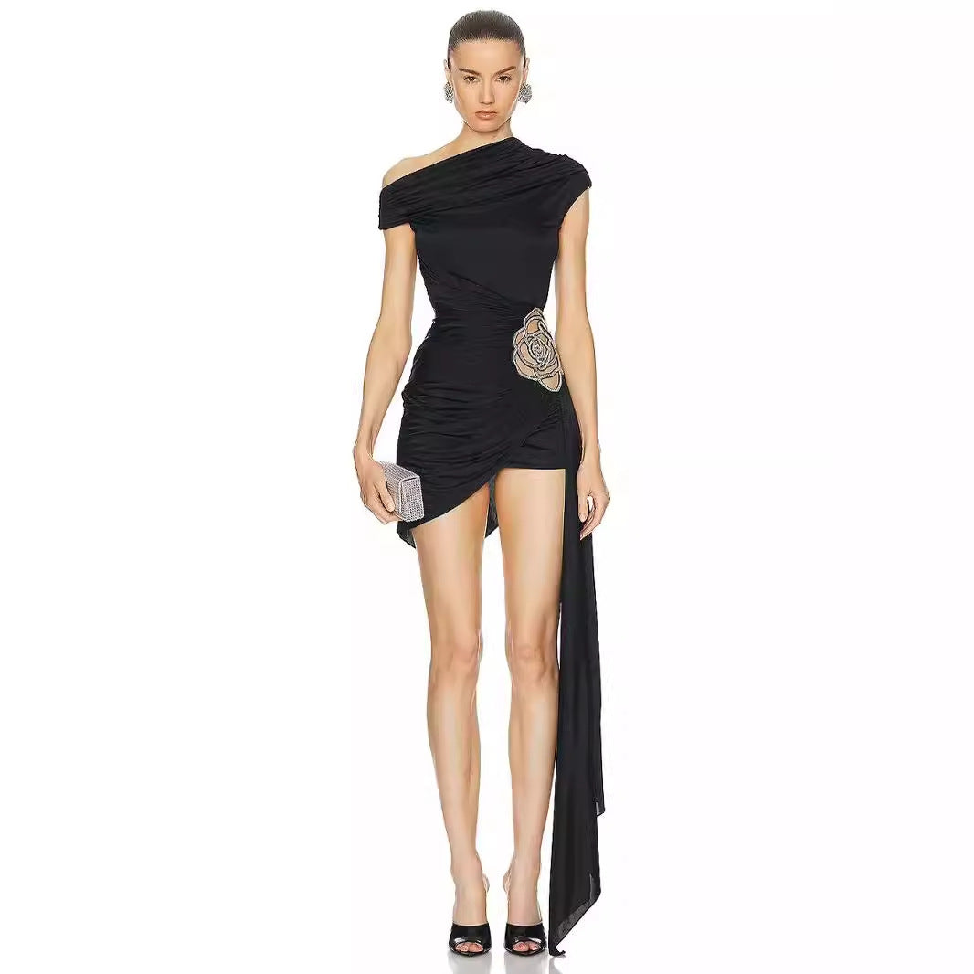 One Shoulder Dress With Ruching​ and Embellishment - Chiccharm