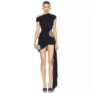 One Shoulder Dress With Ruching​ and Embellishment - Chiccharm