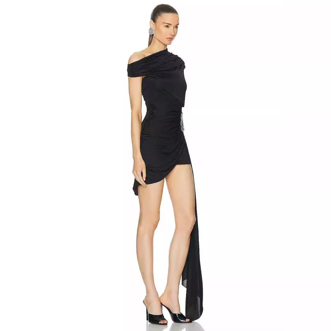 One Shoulder Dress With Ruching​ and Embellishment - Chiccharm