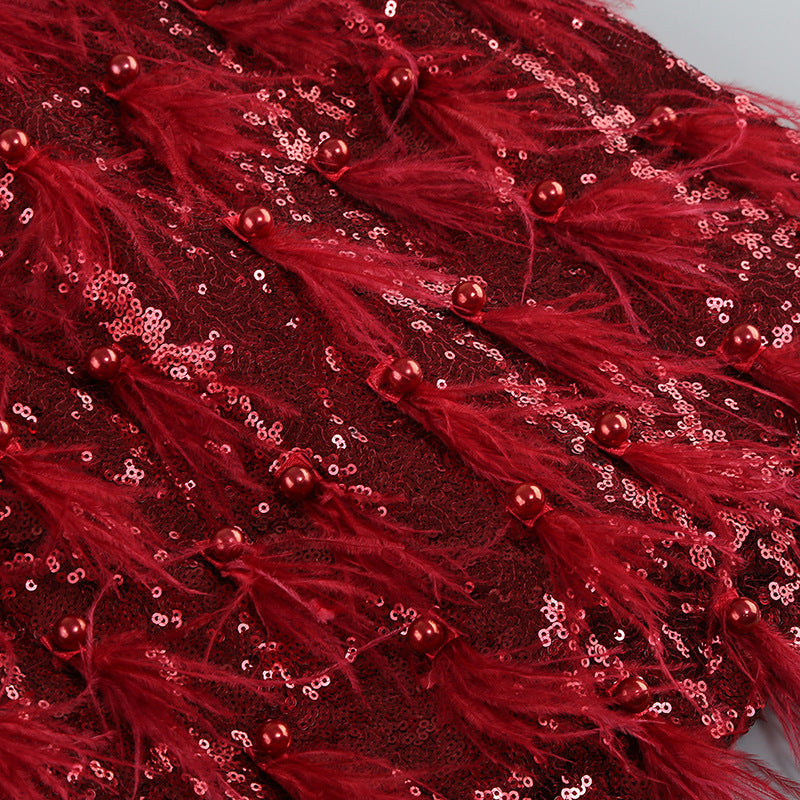 One-Shoulder Red Feather Sequin Dress​ - Chic Charm