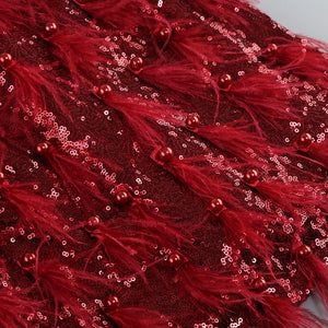 One-Shoulder Red Feather Sequin Dress​ - Chic Charm