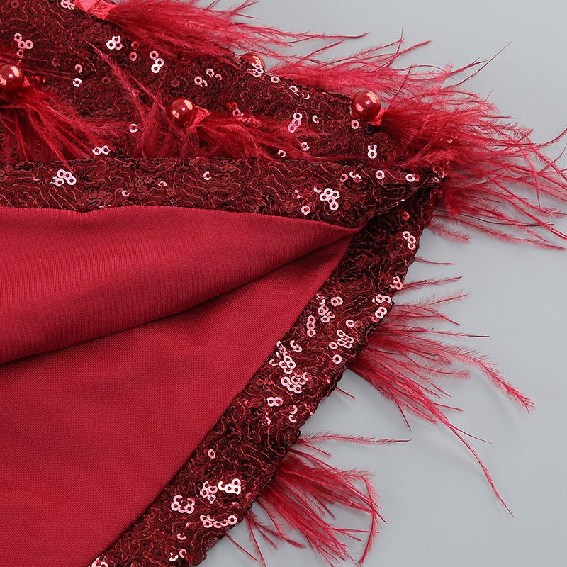 One-Shoulder Red Feather Sequin Dress​ - Chic Charm