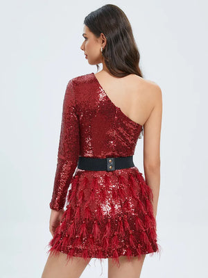 One-Shoulder Red Feather Sequin Dress​ - Chic Charm