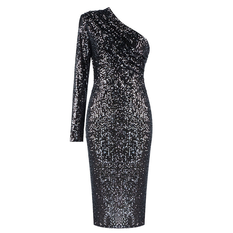 One-Shoulder Sequin Bodycon Dress For Evening - Chiccharm