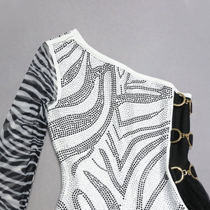 One-Shoulder Zebra Dress Embellished Mesh Gown - Chic Charm