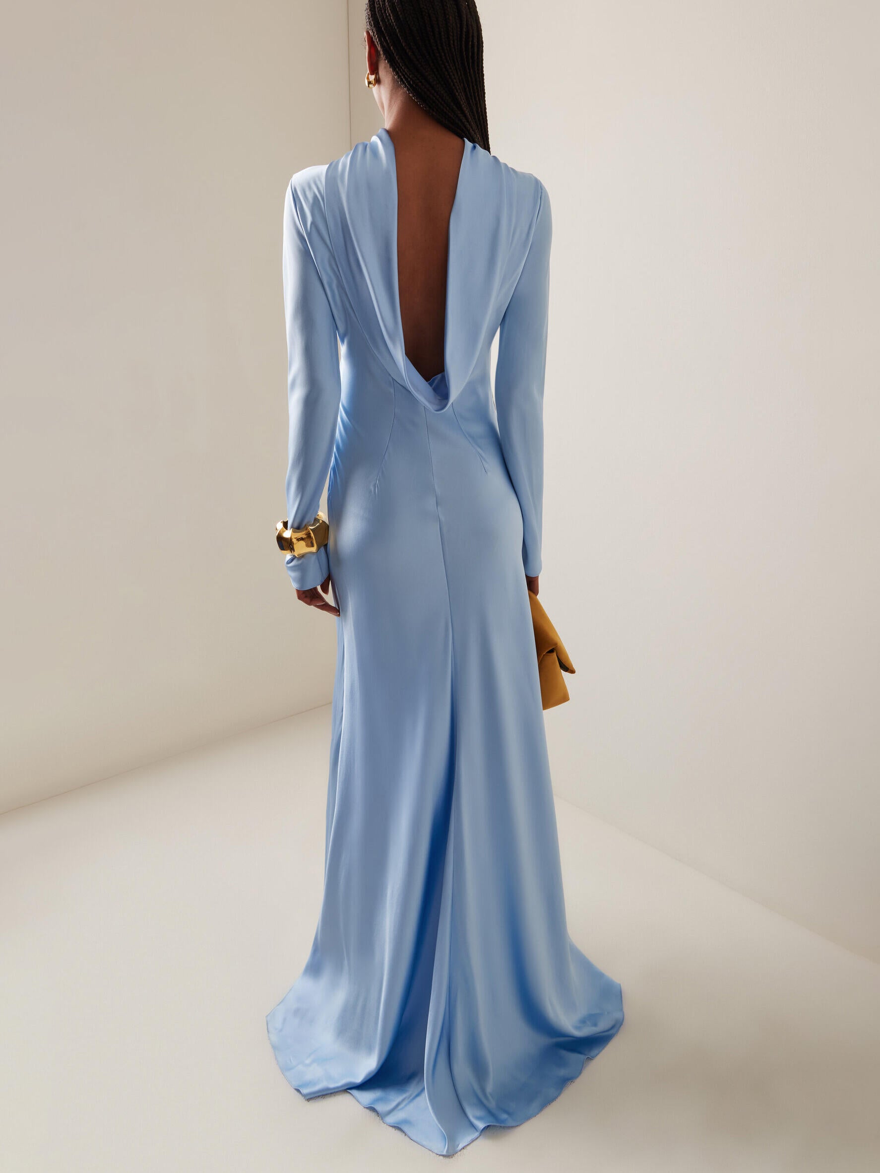 Open Back Sky Blue Satin Dress Maxi 