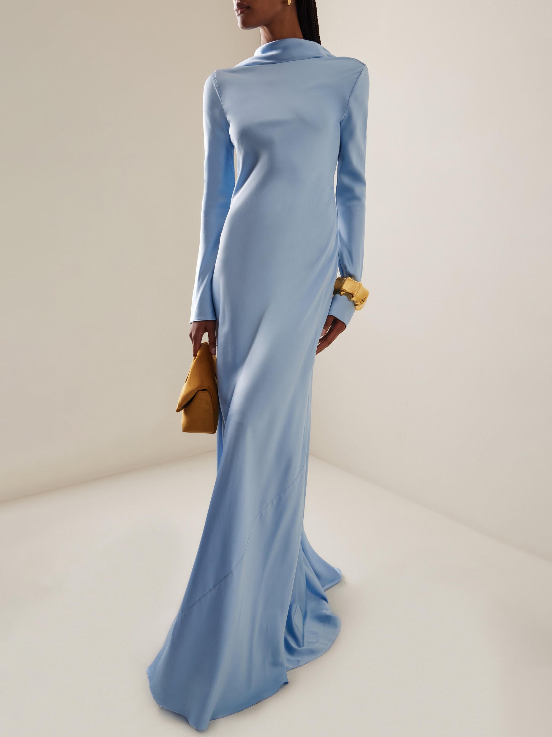 Open Back Sky Blue Satin Dress Maxi 