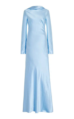 Open Back Sky Blue Satin Dress Maxi 