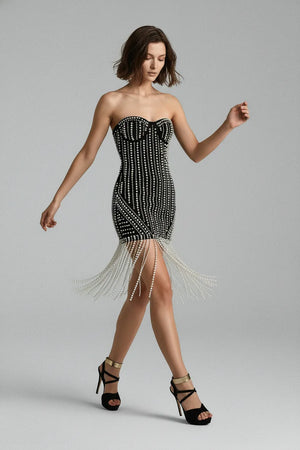 Black strapless mini dress with long white pearl fringe tassels, 1920s Gatsby style party wear UK - Chiccharm Boutique.