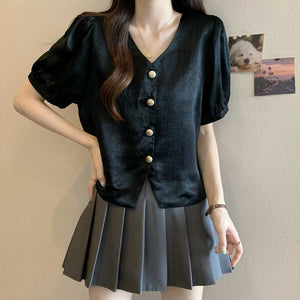 Puff Sleeve Button-Up Blouse - Chiccharm Boutique