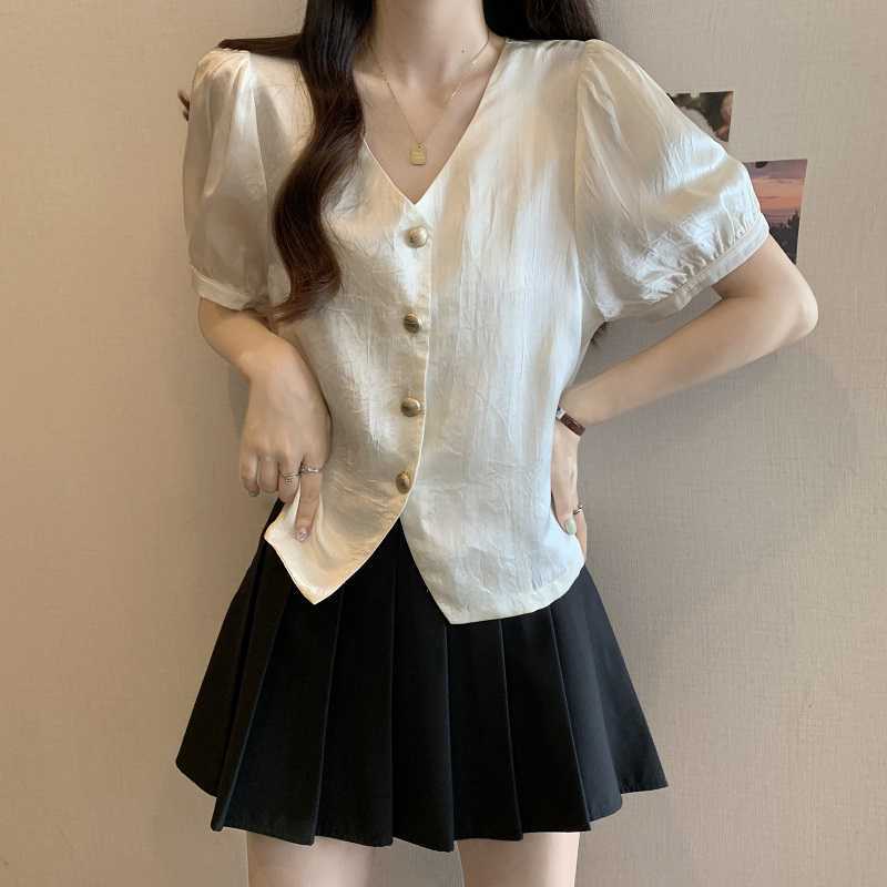 Puff Sleeve Button-Up Blouse - Chiccharm Boutique