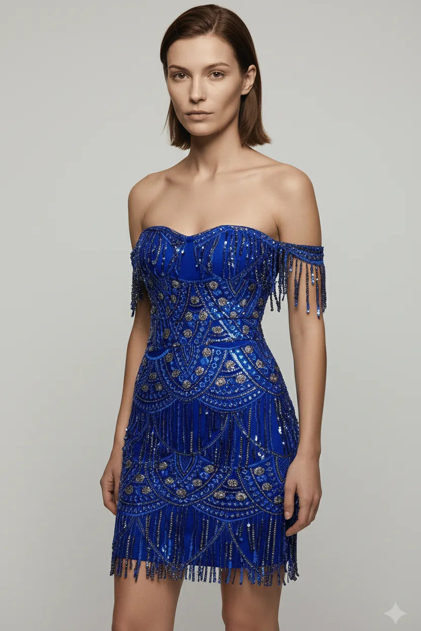 Royal blue strapless bandage dress with silver sequin art deco pattern and hanging fringe tassels, party wear fashion UK - Chiccharm Boutique.