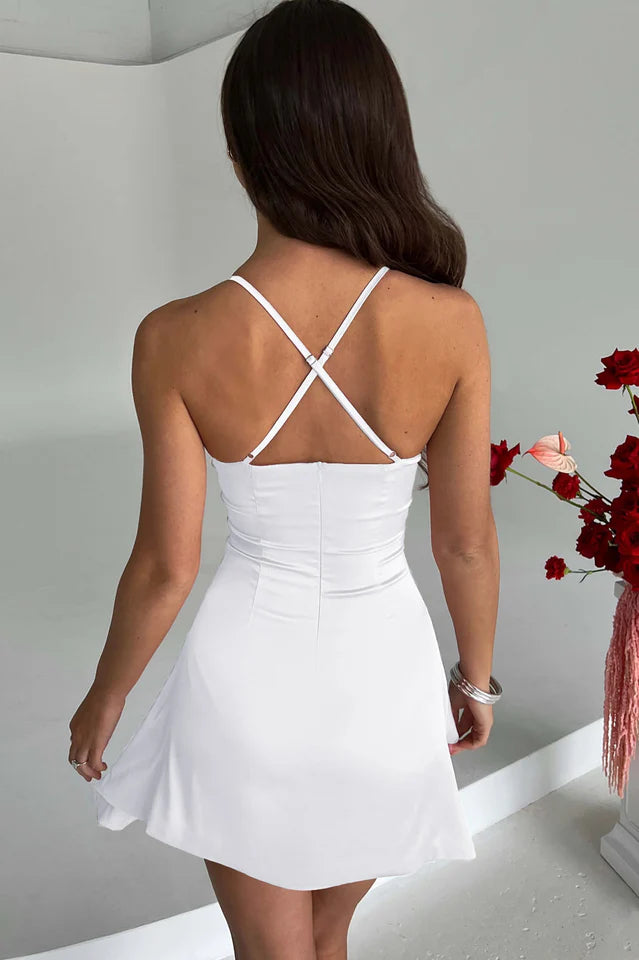 Satin White Handkerchief Hem Dress​ - Mini Dress