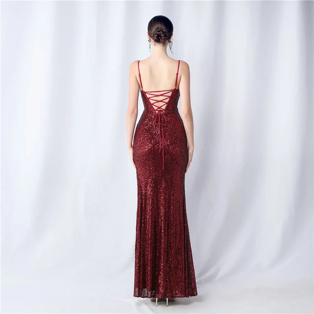 Sequin Camisole Dress​ With Side Slit Long