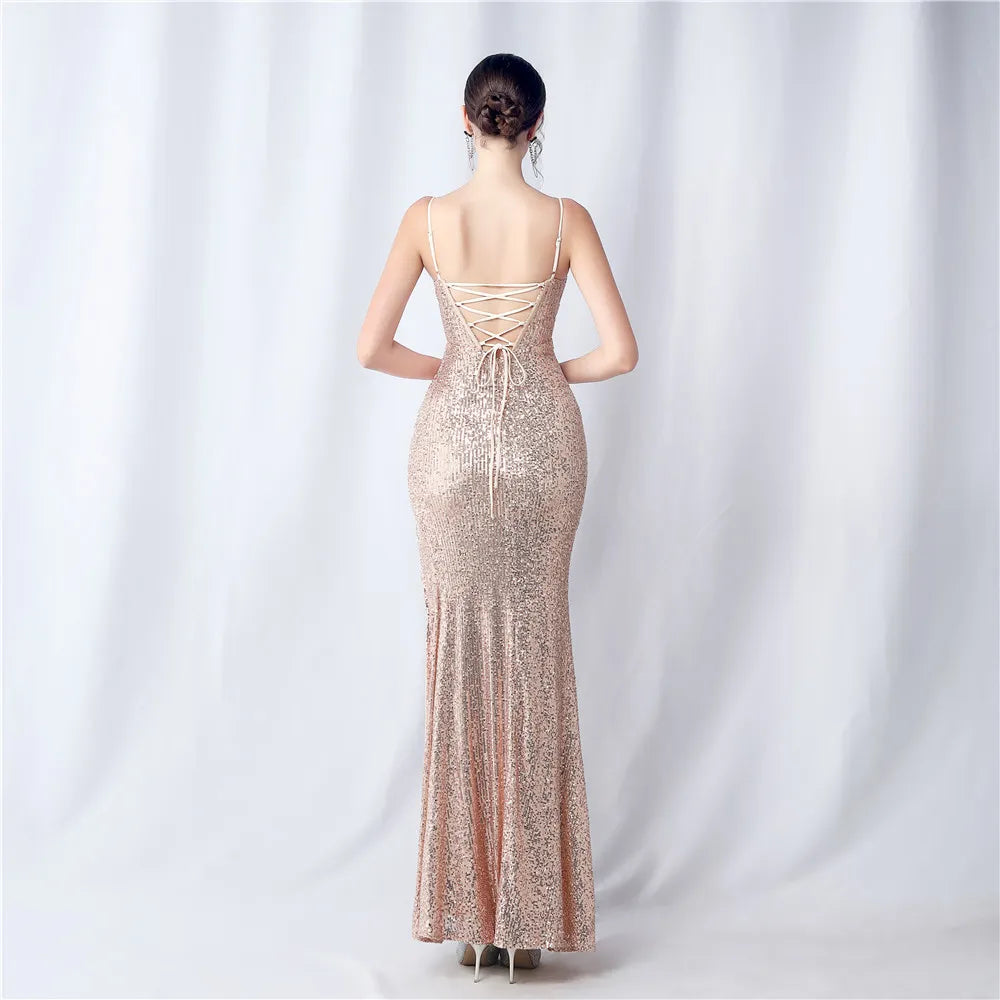 Sequin Camisole Dress​ With Side Slit Long