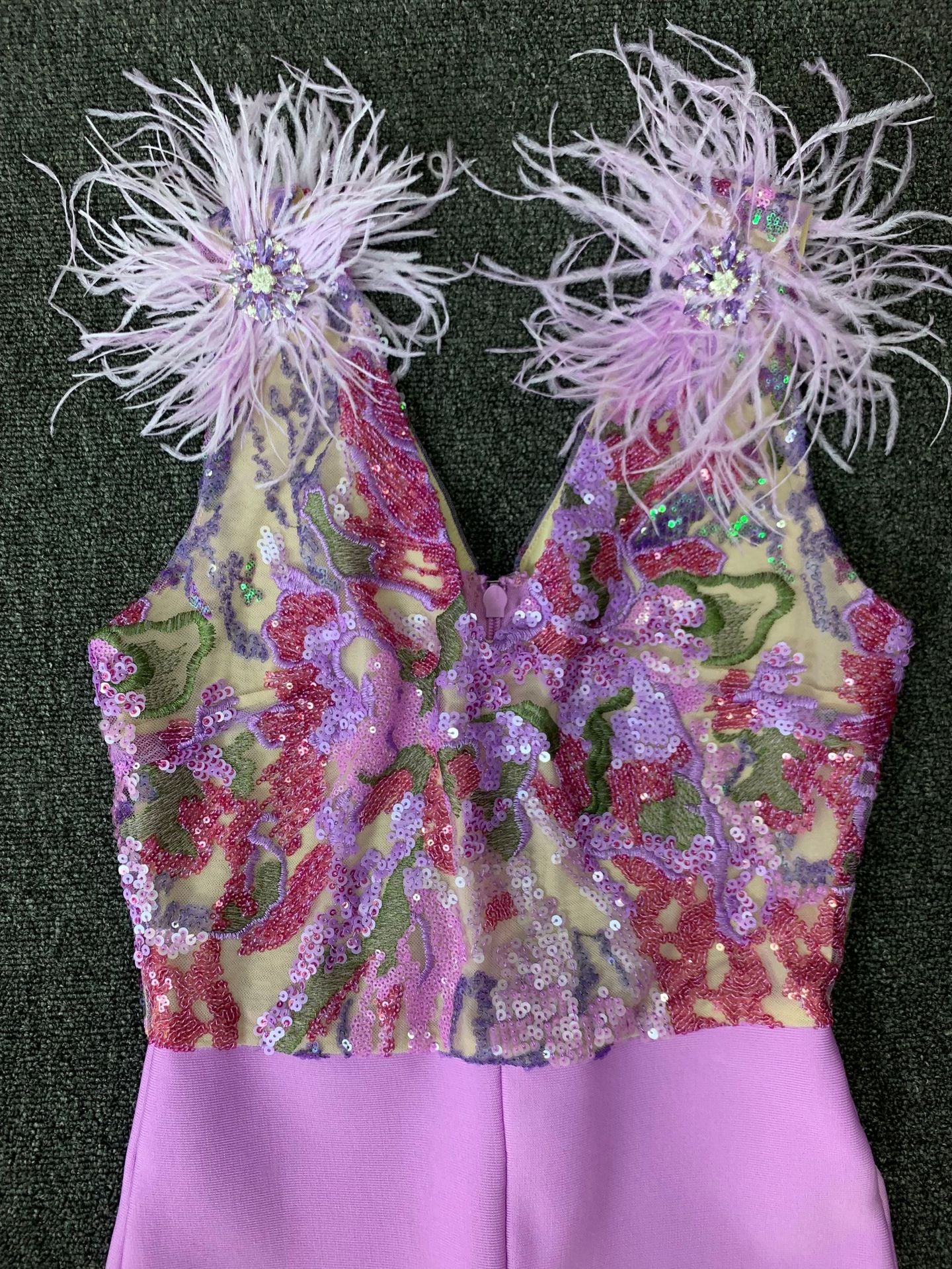 Sequin Embellished Feather Shoulder Jumpsuit - Chiccharm Boutique