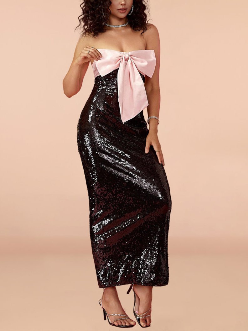 Sequin Evening Gown with Bow Accent