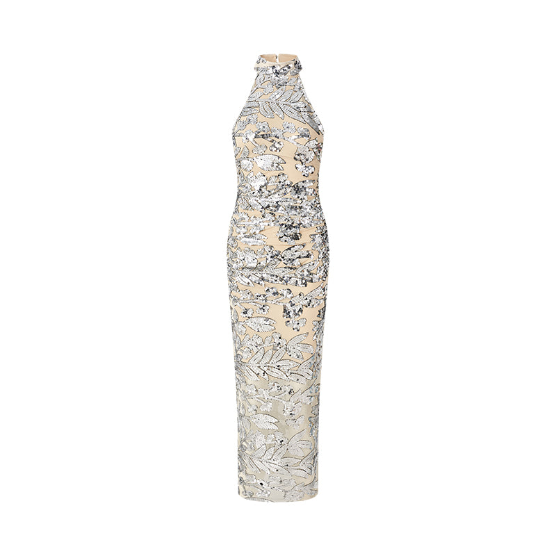 Elegant evening gown with floral lace design on a white background