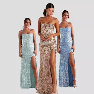 Sequined Halter Neck Dress with High Slit - Chiccharm