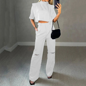 Short-Sleeve Cropped Jacket and Trousers Suit - Chiccharm