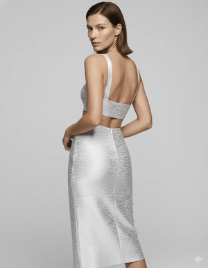 Silver Metallic Ribbed Cut-Out Bodycon Midi Dress - Chiccharm Boutique