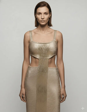 Silver Metallic Ribbed Cut-Out Bodycon Midi Dress - Chiccharm Boutique