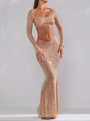Sparkling Long-Sleeve Crop Top and Maxi Skirt Ensemble - Chiccharm