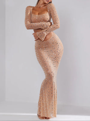 Sparkling Long-Sleeve Crop Top and Maxi Skirt Ensemble - Chiccharm