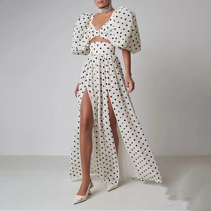 Square-neck Puff Sleeve Polka Dot Dress Suit - Chiccharm