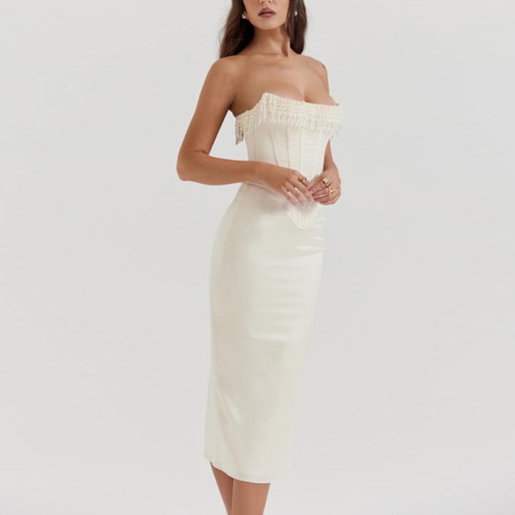 white corset strapless dress​ with Embellishments - Chiccharm