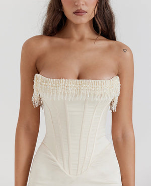 white corset strapless dress​ with Embellishments - Chiccharm