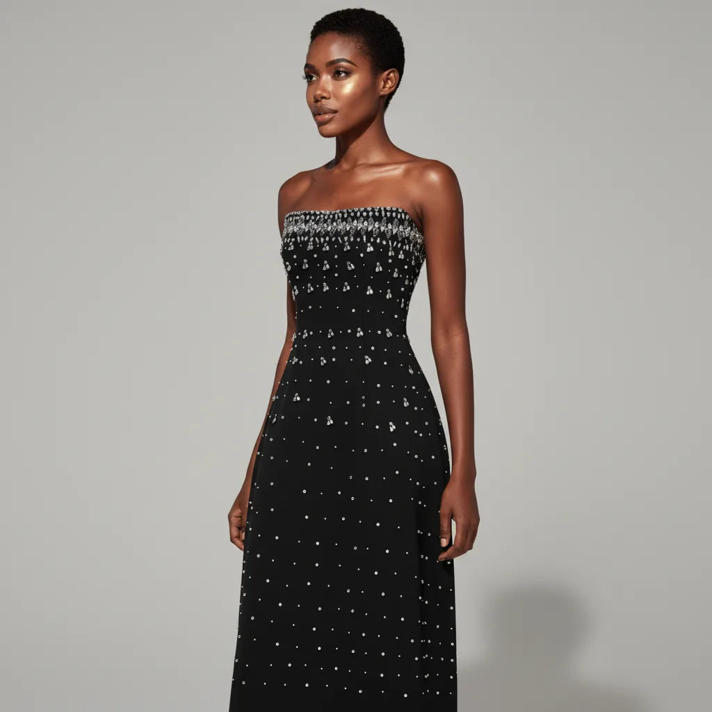 Black strapless dress with white embellishments on a gray background