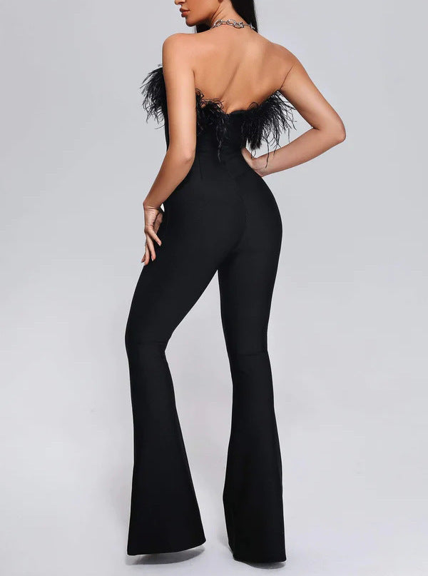 Strapless Feather Trim Fitted Jumpsuit - Chiccharm Boutique