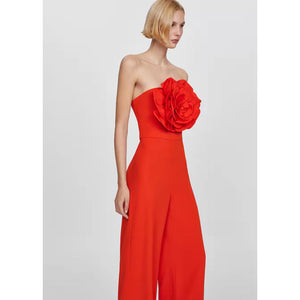 Strapless Floral Appliqué Wide-Leg Jumpsuit - Chiccharm Boutique