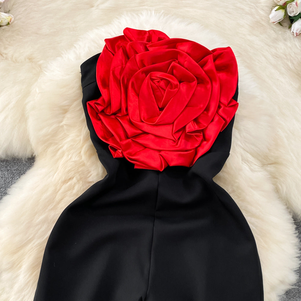 Strapless Floral Appliqué Wide-Leg Jumpsuit - Chiccharm Boutique