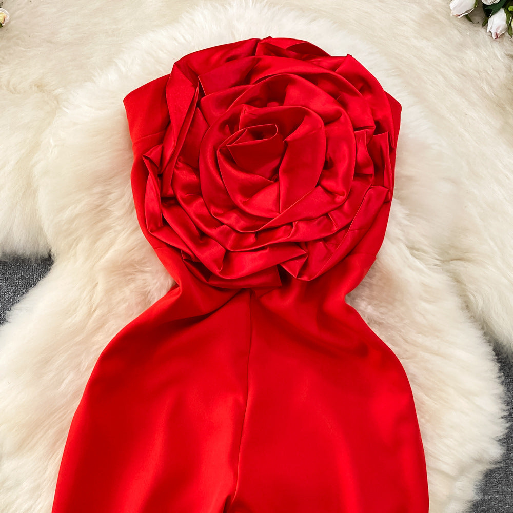 Strapless Floral Appliqué Wide-Leg Jumpsuit - Chiccharm Boutique