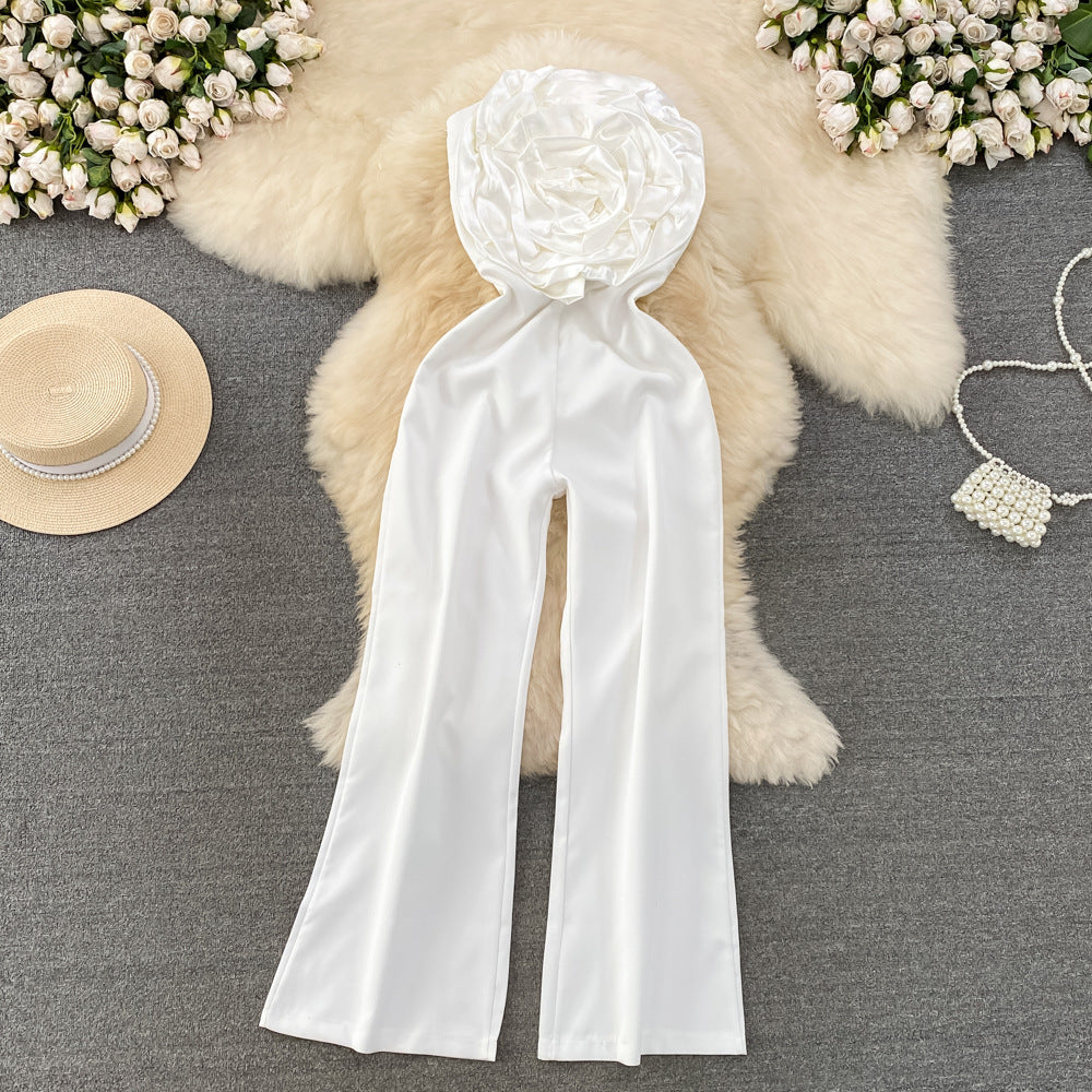 Strapless Floral Appliqué Wide-Leg Jumpsuit - Chiccharm Boutique