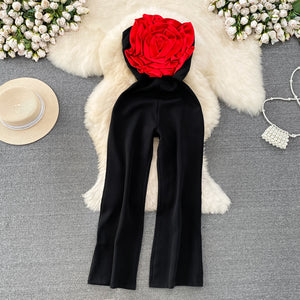 Strapless Floral Appliqué Wide-Leg Jumpsuit - Chiccharm Boutique