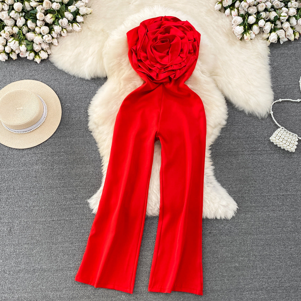 Strapless Floral Appliqué Wide-Leg Jumpsuit - Chiccharm Boutique