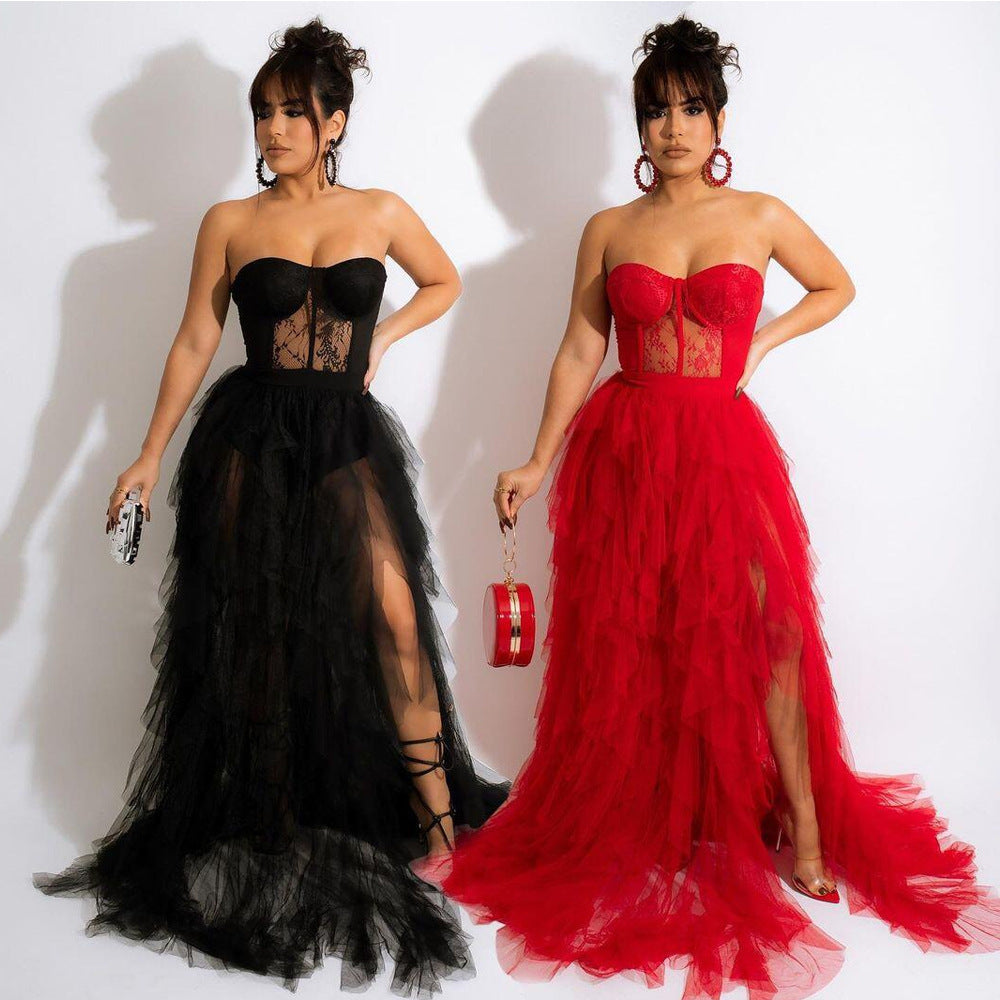 Strapless Lace and Beads corset Tulle Dress with Slit - Chiccharm