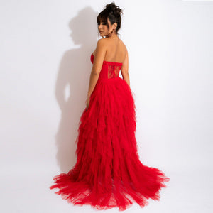 Strapless Lace and Beads corset Tulle Dress with Slit - Chiccharm