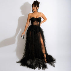 Strapless Lace and Beads corset Tulle Dress with Slit - Chiccharm