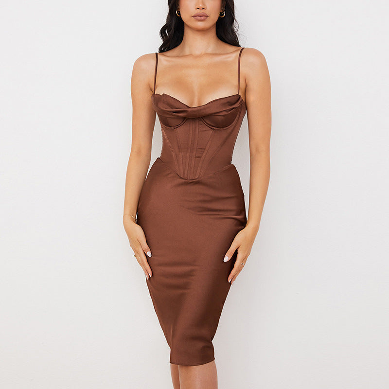 Structured Satin Pleated Dress Midi -Chiccharm Boutique