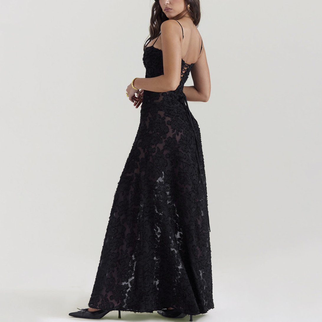 Suspender Lace-Up Back Maxi Dress - Chiccharm Boutique